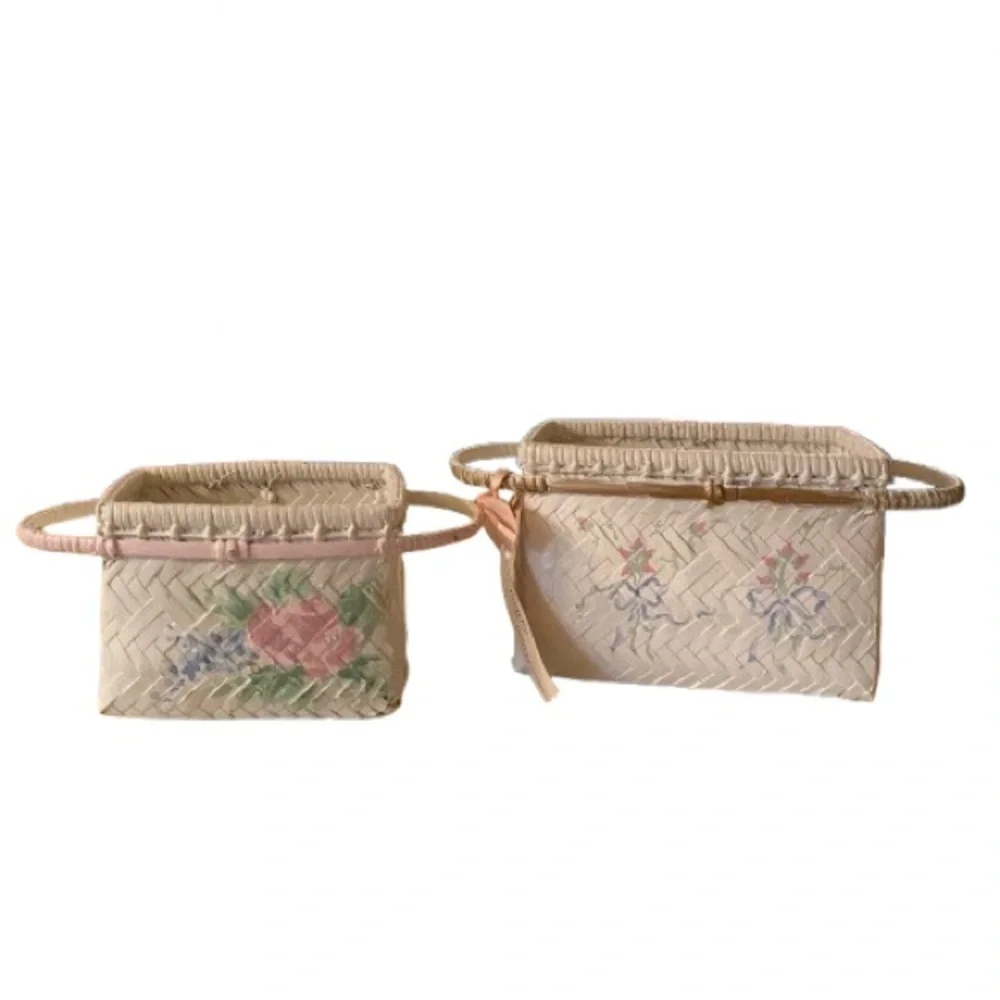 Vintage Set 2 White Wicker Baskets Hand Painted Sturdy Shabby Chic Cottagecore